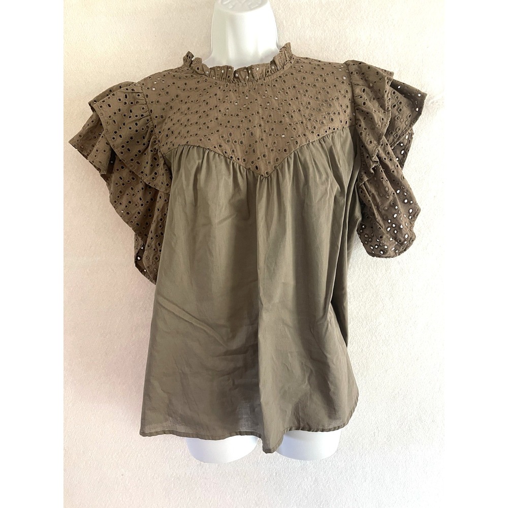 A New Day Romantic Prairie Brown Eyelet Top XL 100% Cotton Boho-Chic Cottagecore